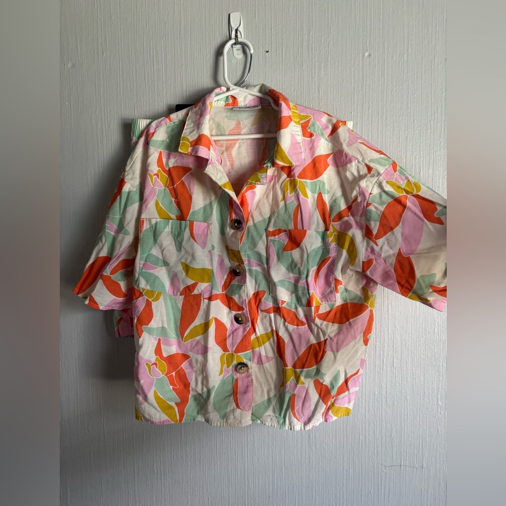 Girls Colorful Leaf Print Button-Up Shirt and Shorts Set - Picture 6 of 7